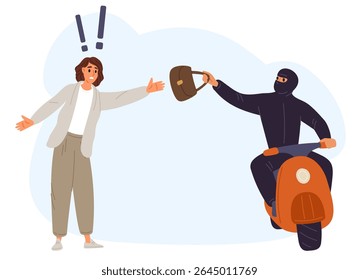 Ladrão de scooter arrancou bolsa de mulheres mão. O autor roubou pertences de meninas. Roubo motorizado na máscara. Crimes de bolso. Gangster no ciclomotor. Veículo de condução bandido
