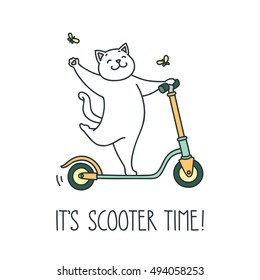It's scooter time! Doodle vector illustration of funny white cat riding a scooter
