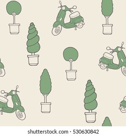 Scooter and tree in a pot. Seamless pattern. Vector illustration. Gray, green.