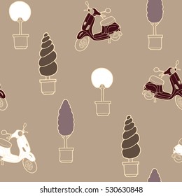 Scooter and tree in a pot. Seamless pattern. Vector illustration. Brown, white, lilac.