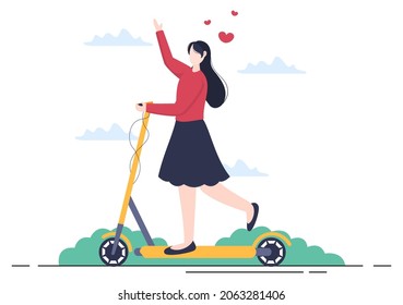 Scooter Vector Flat Illustration. People Riding Bicycle, Sports and outdoor recreational activities on Park Road or Highway are living a healthy lifestyle