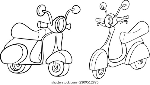 Scooter Vector illustration about back to school. Coloring page with school supplies. Vector illustration. Doodle style. Outline vector illustration for coloring book. Vector sheet icon.
