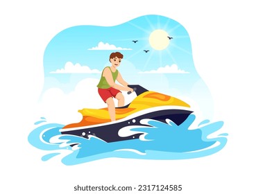 Scooter Water Sport Vector Illustration Summer Vacation Recreation, Extreme Water Sports and Resort Beach Activity in Hand Drawn Flat Cartoon Template