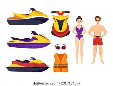 Vector deportivo de agua Scooter Ilustración vacaciones de verano Recreación, deportes de agua extrema y actividad de playa de vacaciones en plantilla de dibujos planos de mano