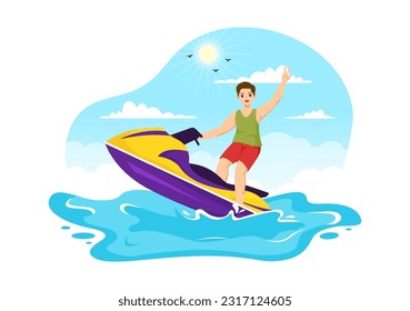 Scooter Water Sport Vector Illustration Summer Vacation Recreation, Extreme Water Sports and Resort Beach Activity in Hand Drawn Flat Cartoon Template