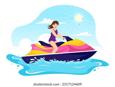 Scooter Water Sport Vector Illustration Summer Vacation Recreation, Extreme Water Sports and Resort Beach Activity in Hand Drawn Flat Cartoon Template