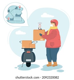 Scooter winter delivery man in medical face mask with phone in one hand and box in other hand. Courier guy holding mobile and takes order for delivery of food or other things. Vector flat illustration