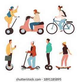 Scooters and bicycles, gyroboards and skating boards, electric ecological transport in city. Characters using modern means of transportation to safe ecology and environment. Vector in flat style