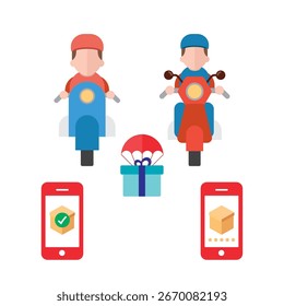 Scooters paquetes de App móviles y caja de regalo para los iconos del sistema de entrega. Ilustración vectorial