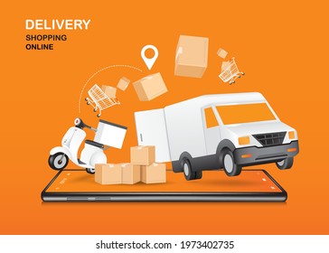 Scooters or motorcycles and parcel delivery cars, shopping carts and parcel boxes are floating off the smartphone for shopping online and delivery concept,vector 3d isolated on orange background