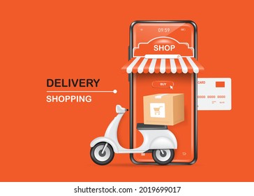Scooters or motorcycles for parcel delivery Park in front of the smartphone shop and a parcel box was placed on it,vector 3d isolated on orange background for delivery and shopping online concept svg