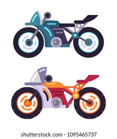 Scooters motorized modern motorbike models set, vehicle for ride to work, vector illustration stylish bike icon isolated, bicycles with speedometers