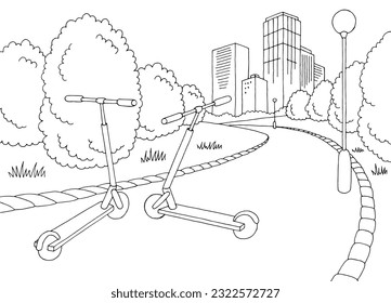 Scooters in the park graphic black white city landscape sketch illustration vector