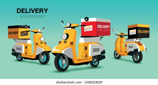 Scooters set. Old style motorbike, city motorcycle, trendy electric bike, delivery moped. Personal transport vehicle collection isolated vector illustration