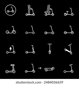 Scooters, white line icons. Kick and electric scooters. Ideal for transportation and recreational themes. Symbols on black background. Editable stroke.