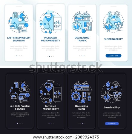 Scooter-share pros onboarding mobile app page screen. Decrease traffic walkthrough 4 steps graphic instructions with concepts. UI, UX, GUI vector template with linear night and day mode illustrations