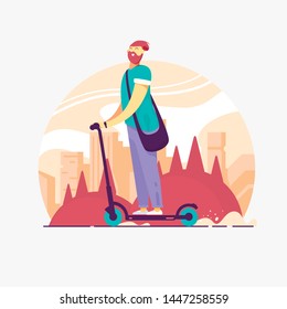 Scooter-Sharing System. Vector web illustration.  A Man rides a scooter. Cityscape.