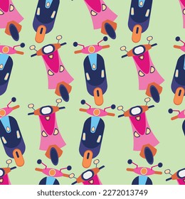 Scooty Kids Seamless Repeat Pattern Pink and Blue toy scooter on light green background for babies fabric, kids clothing, kids bedding, kids wallpaper, covers and cards 