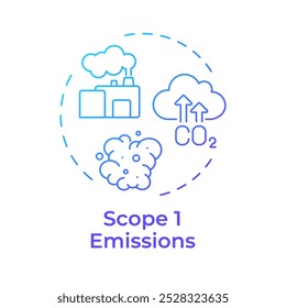 Ícone de conceito de gradiente azul de emissões do escopo 1. Gases com efeito de estufa, indústria. Produção de poluição. Ilustração de linha de forma redonda. Ideia abstrata. Design gráfico. Apresentação infográfica e fácil de usar