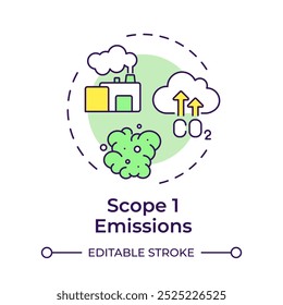 Ícone de conceito de várias cores das emissões do escopo 1. Gases com efeito de estufa, indústria. Produção de poluição. Ilustração de linha de forma redonda. Ideia abstrata. Design gráfico. Apresentação infográfica e fácil de usar