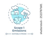 Scope 1 emissions soft blue concept icon. Greenhouse gas, industry. Manufacturing pollution. Round shape line illustration. Abstract idea. Graphic design. Easy to use infographic, presentation