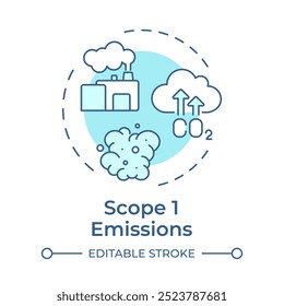 Ícone de conceito azul flexível de emissões do escopo 1. Gases com efeito de estufa, indústria. Produção de poluição. Ilustração de linha de forma redonda. Ideia abstrata. Design gráfico. Apresentação infográfica e fácil de usar