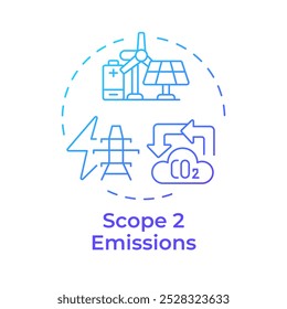 Ícone de conceito de gradiente azul de emissões do escopo 2. Eletrificação, manufatura. Poluição por CO2. Ilustração de linha de forma redonda. Ideia abstrata. Design gráfico. Apresentação infográfica e fácil de usar