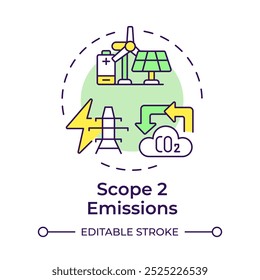 Icono de concepto multicolor de emisiones de alcance 2. Electrificación, fabricación. Contaminación por Co2. Ilustración de línea de forma redonda. Abstractas idea. Diseño gráfico. Infografía fácil de usar, presentación