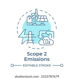 Ícone de conceito azul flexível de emissões do escopo 2. Eletrificação, manufatura. Poluição por CO2. Ilustração de linha de forma redonda. Ideia abstrata. Design gráfico. Apresentação infográfica e fácil de usar