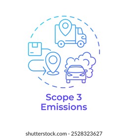 Icono de concepto de gradiente azul de emisiones de alcance 3. Contaminación automovilística, vehículos urbanos. Gases de efecto invernadero. Ilustración de línea de forma redonda. Abstractas idea. Diseño gráfico. Infografía fácil de usar, presentación