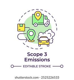 Ícone do conceito de multicor das emissões do escopo 3. Poluição do carro, veículos urbanos. Gases com efeito de estufa. Ilustração de linha de forma redonda. Ideia abstrata. Design gráfico. Apresentação infográfica e fácil de usar