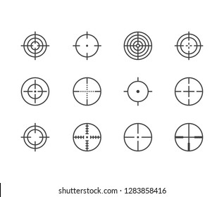 Scope Flat Line Icons Set. Target, Weapon Aim, Sniper Crosshair Vector Illustrations. Thin Signs For Focus, Attention Concept. Pixel Perfect 64x64. Editable Strokes.