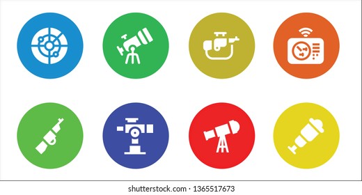 scope icon set. 8 filled scope icons.  Collection Of - Radar, Rifle, Telescope, Spyglass