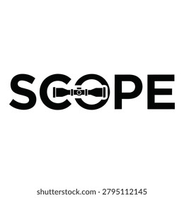 Scope word with telescope in the middle symbol vision and exploration concept icon