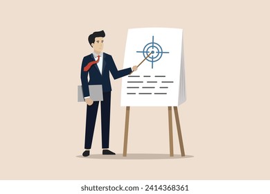 Scope of work, goal and target concept, plan or strategy in project management, smart businessman project manager present scope of work in meeting.