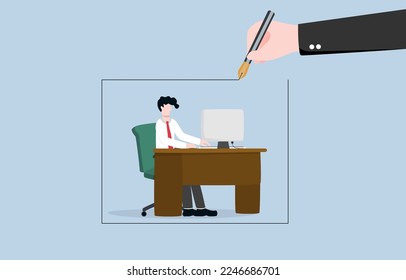 Scope of work, guidance for employee to work within framework, mentorship in workplace concept, Boss hand drawing boundary line around businessman on office desk.