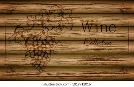 Scorched bunch of grapes with text on a wooden board. Vintage illustration.