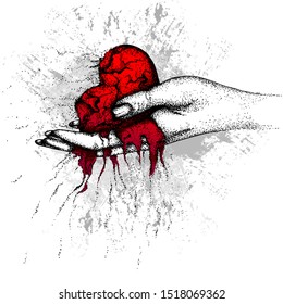 A scorched, crumbling heart in a woman's hand. Vector hand drawn illustration. Color illustration design for print, poster.