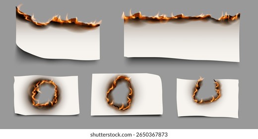 Scorched smoldering paper banner , burning paper vector realistic illustrations set. Ablaze paper side sheet, torn paper pieces with fire flame, flaming page scrap Scorched and smoldering frame