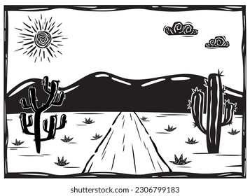 Scorching sun in the desert. Country road. Vector woodcut illustration in Brazilian cordel style