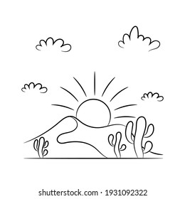 Scorching Sun In The Desert Vector Illustration, Simple Hand Drawn Nature Landscape