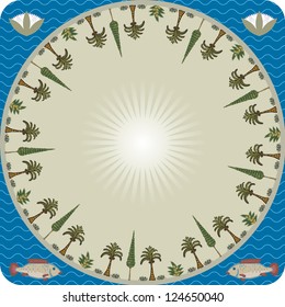 the scorching sun at the zenith in the center of the oasis in the desert
