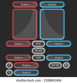 Score board glass translucent panels mockup, glowing neon sports statistics for blue and red two team or players computer game.