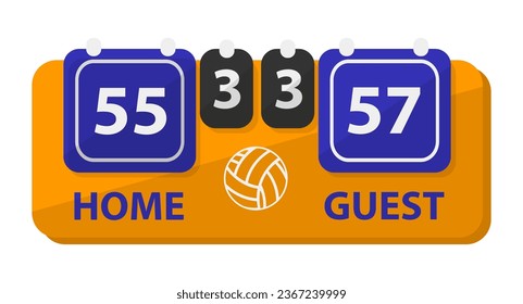 Tarjeta de puntuación, pantalla aislada con el equipo de invitados y el hogar da como resultado una coincidencia. Jugadores de voleibol, juegos o competición para la gente que juega. Número de goles y ronda. Vector de estilo plano