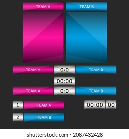 Score board mockup set of design elements for sports team game or players result broadcast football, rugby, cricket computer game.