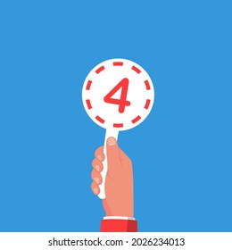 Score Card 4. Number Table. Digit Rating On A Scorecard. Human Hand Holding Score Card. Colored Scorecards. Juries Assessment On Competition. Judges Hold Score. Vector Design. Isolated On Background.