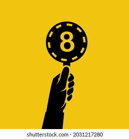 Score Card 8. Number Table. Digit Rating On A Scorecard. Human Hand Holding Score Card. Black Scorecards. Juries Assessment On Competition. Judges Hold Score. Vector Design. Isolated On Background.