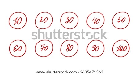Score Exam Grade 100 to 10 Test Mark Set. School Grade Rating Examination Icon. Vector Illustration