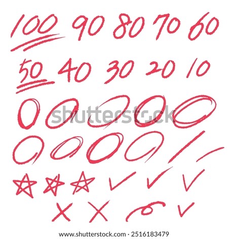 Score, grade words collection, line stroke, calligraphy, handwriting text word, Hand drawn red doodle grunge circle highlights circle pen.