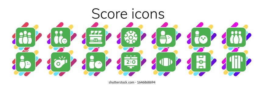 score icon set. 14 filled score icons.  Simple modern icons such as: Bowling pins, Bowling, Referee, Stadium, Soccer, Scoreboard, Rugby, Football field